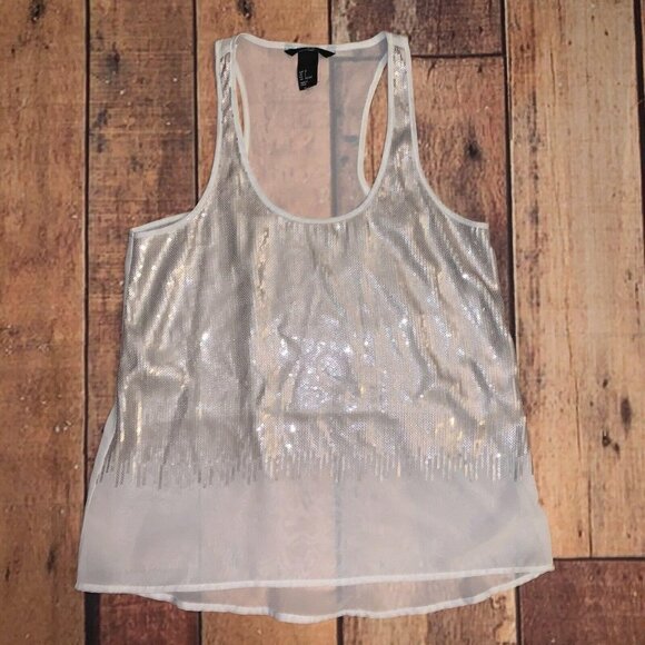 H&M Tops - H&M Champagne Bling On WhiteTank Top Blouse Sz 2 Sheer Back (Rx)